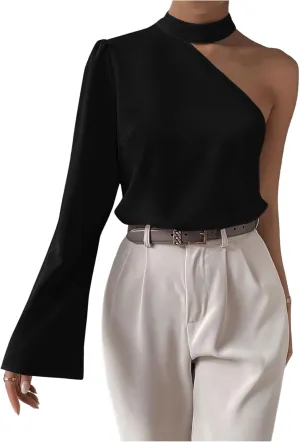 Verdusa Women's Solid Asymmetrical Neck Halter Long Sleeve Tops One Shoulder Bell Sleeve Blouse