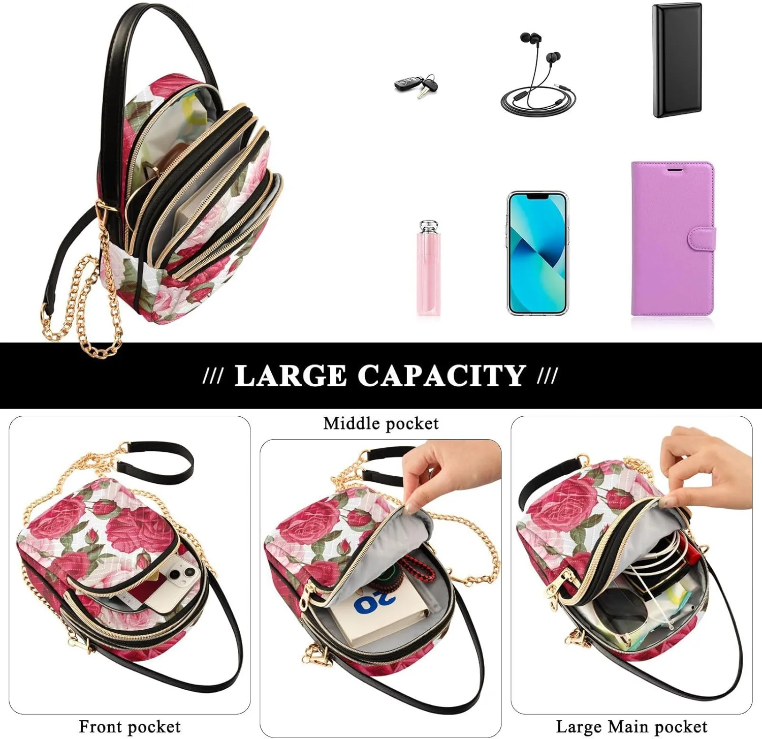 Vintage Floral with Blue Roses Triple Compartment Crossbody Bag, Ladies Shoulder Handbags