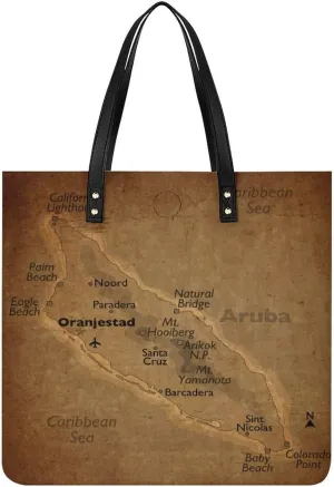 Vintage Maps of Aruba Leather Handbags Shoping Bag Women Large Capacity Beach Bag