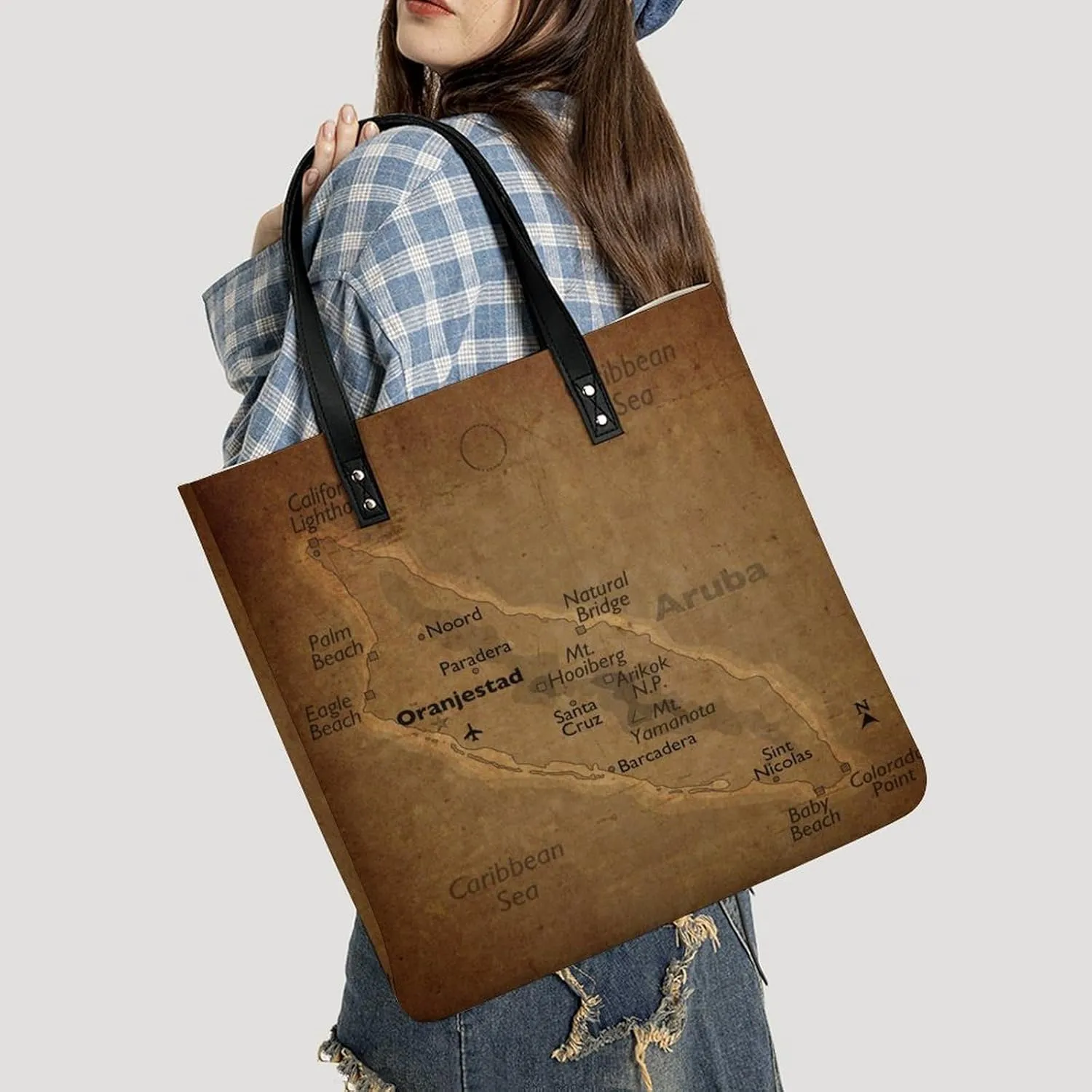 Vintage Maps of Aruba Leather Handbags Shoping Bag Women Large Capacity Beach Bag