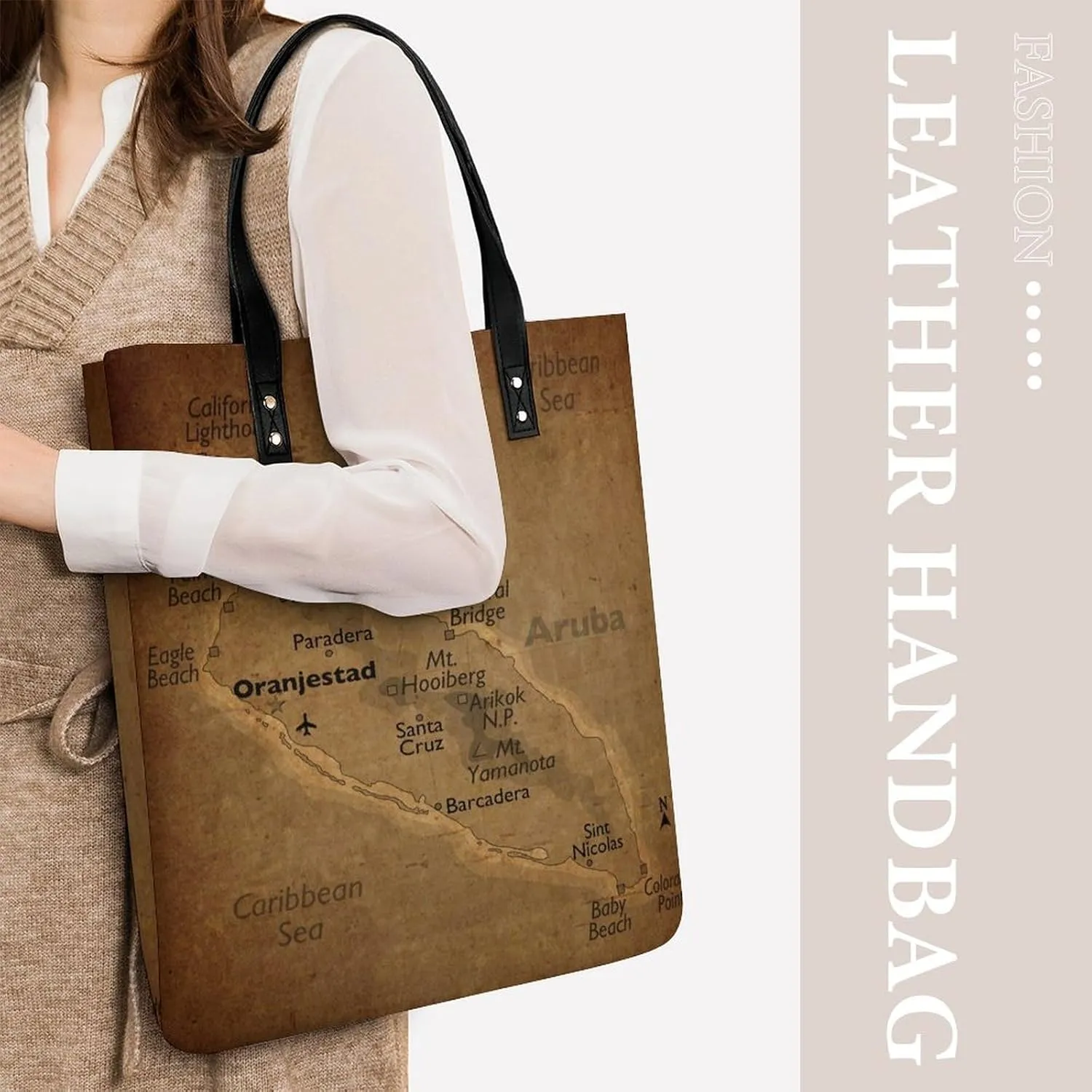Vintage Maps of Aruba Leather Handbags Shoping Bag Women Large Capacity Beach Bag