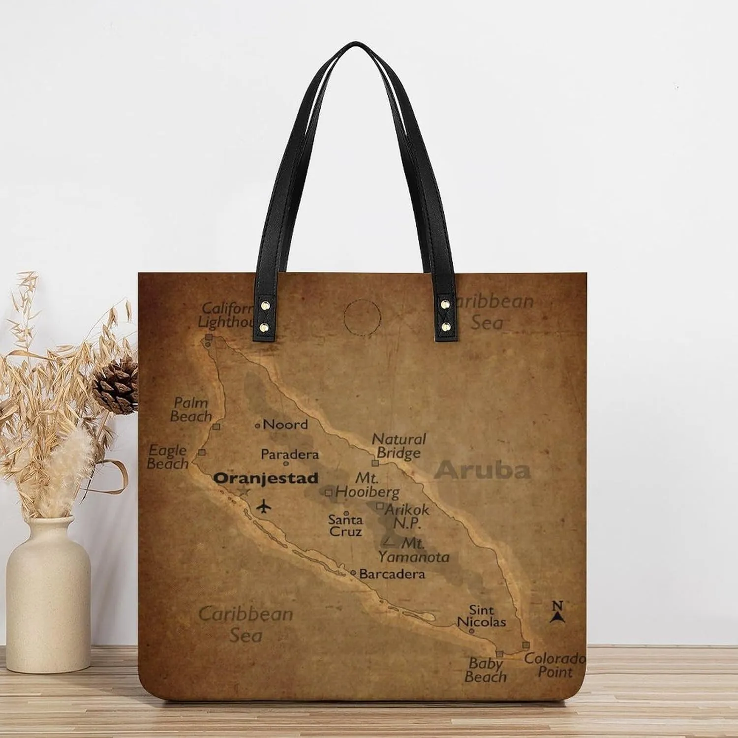 Vintage Maps of Aruba Leather Handbags Shoping Bag Women Large Capacity Beach Bag