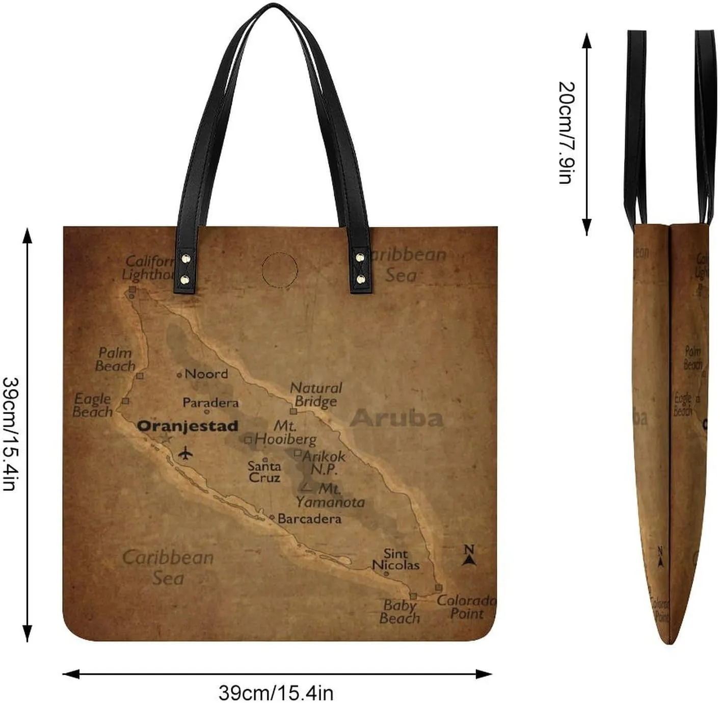 Vintage Maps of Aruba Leather Handbags Shoping Bag Women Large Capacity Beach Bag