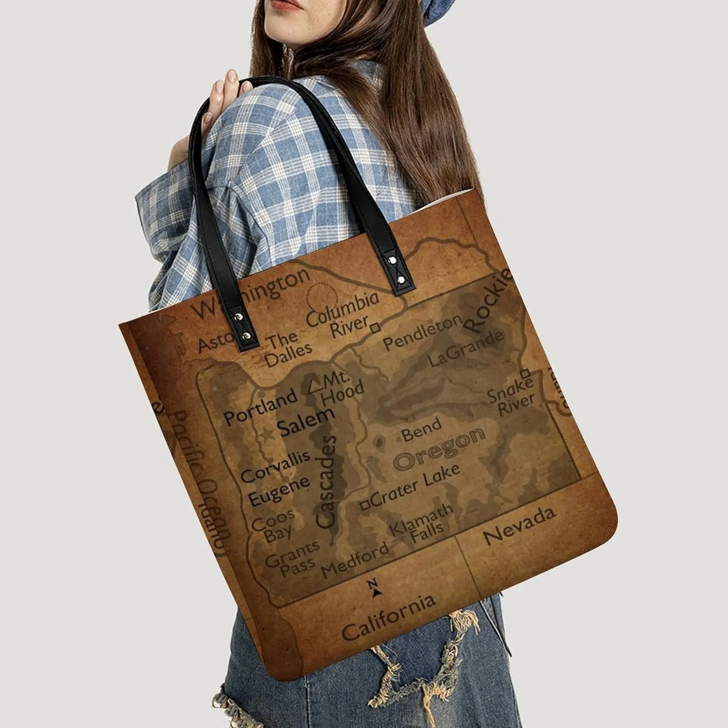 Vintage Maps of New Jersey Leather Handbags Shoping Bag Women Large Capacity Beach Bag