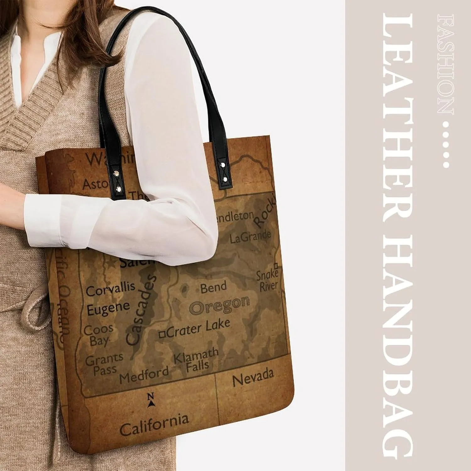 Vintage Maps of New Jersey Leather Handbags Shoping Bag Women Large Capacity Beach Bag