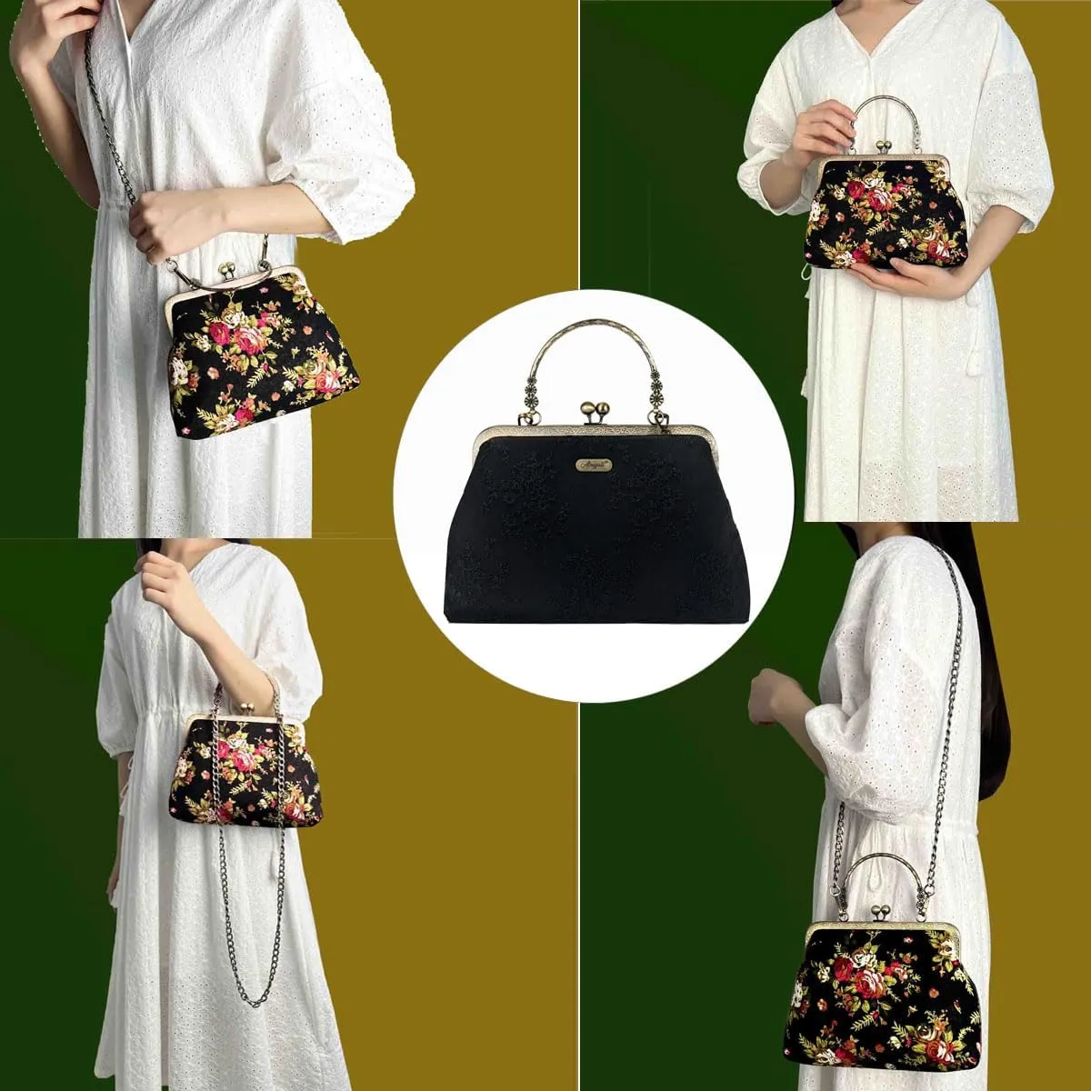 Vintage Purse Kiss Lock Purses and Handbags Floral Vacation Women Top Handle Handbag