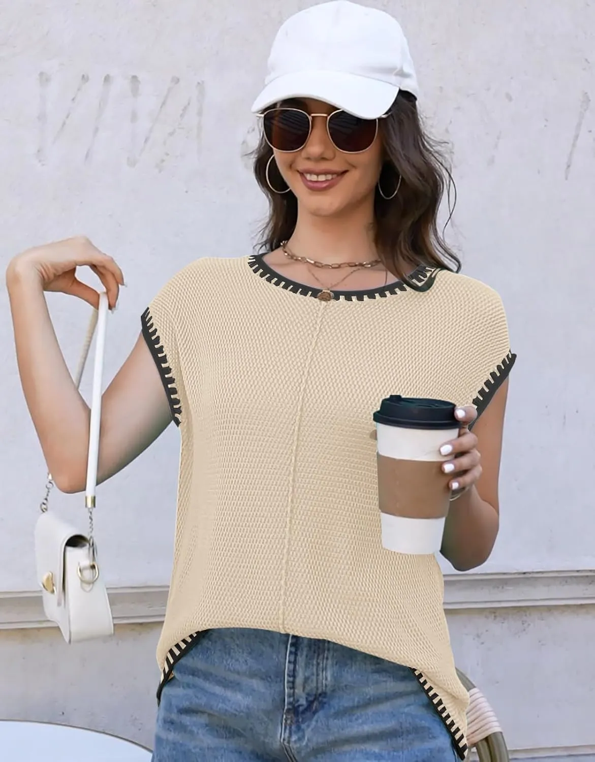 Waffle Knit Sweater Shirts for Women Cap Sleeve Summer Tops Basic Tank Tops