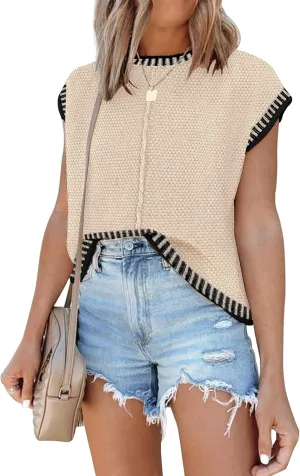 Waffle Knit Sweater Shirts for Women Cap Sleeve Summer Tops Basic Tank Tops