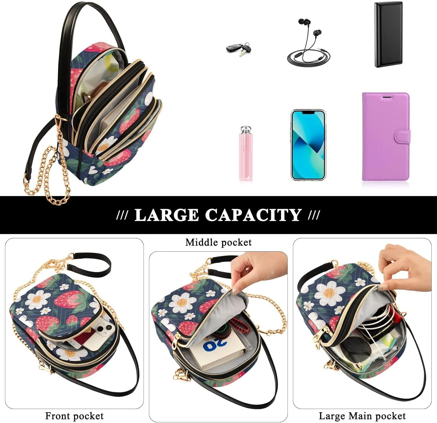 Watercolor Floral Border Women Crossbody Handbag, Crossbody Handbag with Chain Strap, Crossbody for Women Trendy