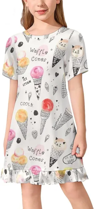 Watercolor Ice Cream in Waffle Cones Girls' Short Sleeve Summer Dress Kids Crewneck Loose Casual Dresses 120CM
