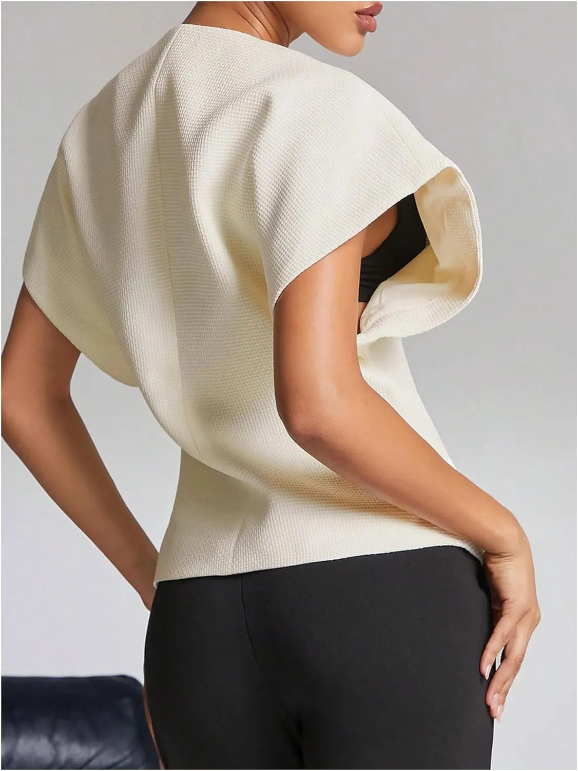WDIRARA Women's Wrap Deep V Neck Cap Sleeve Top Button Asymmetrical Hem Blouse