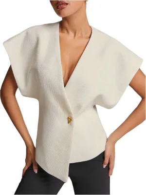 WDIRARA Women's Wrap Deep V Neck Cap Sleeve Top Button Asymmetrical Hem Blouse