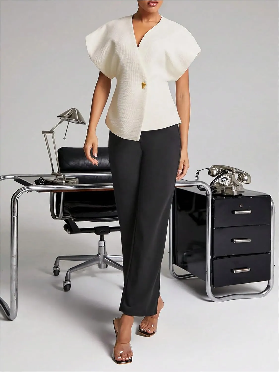 WDIRARA Women's Wrap Deep V Neck Cap Sleeve Top Button Asymmetrical Hem Blouse
