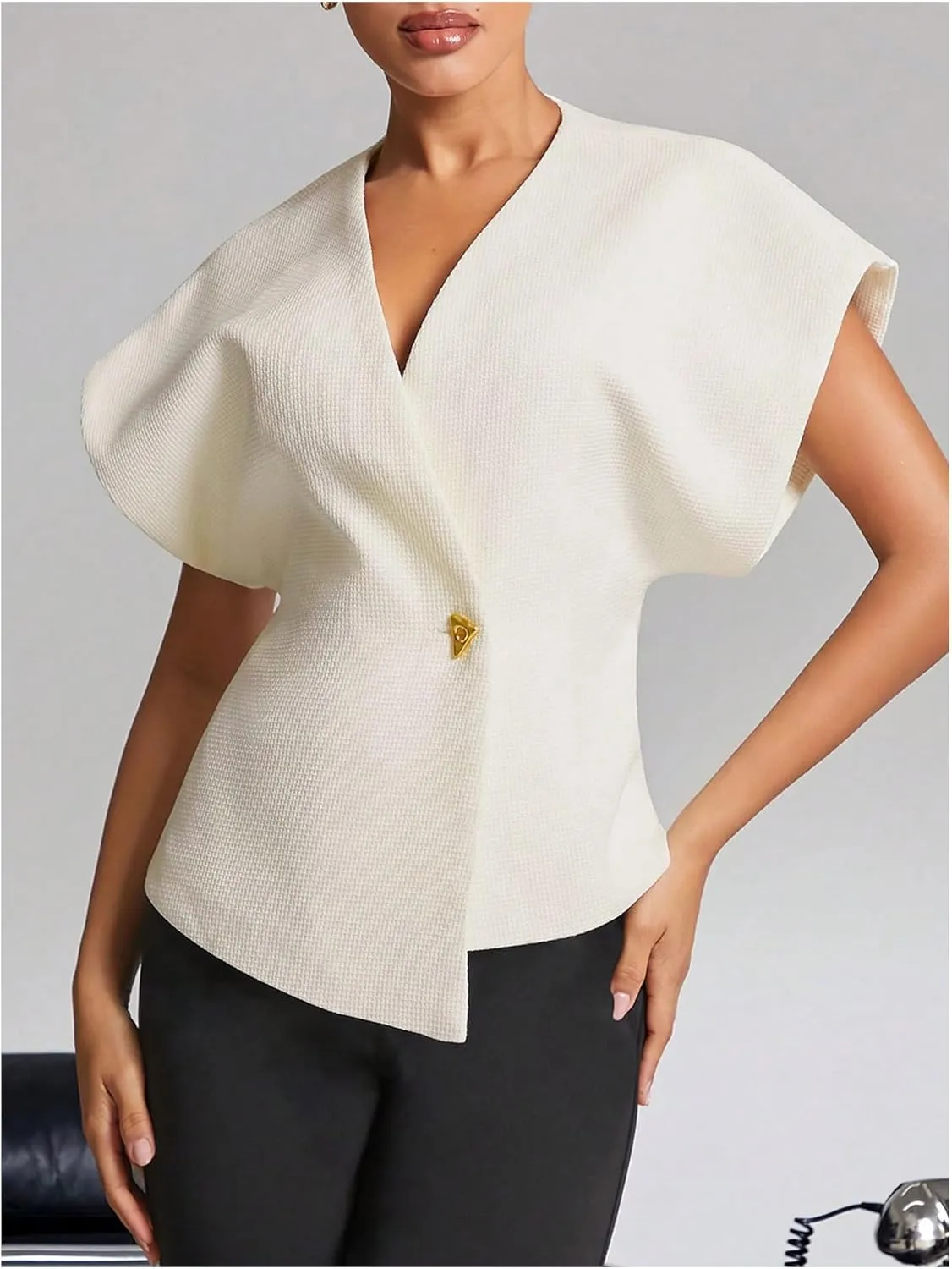 WDIRARA Women's Wrap Deep V Neck Cap Sleeve Top Button Asymmetrical Hem Blouse