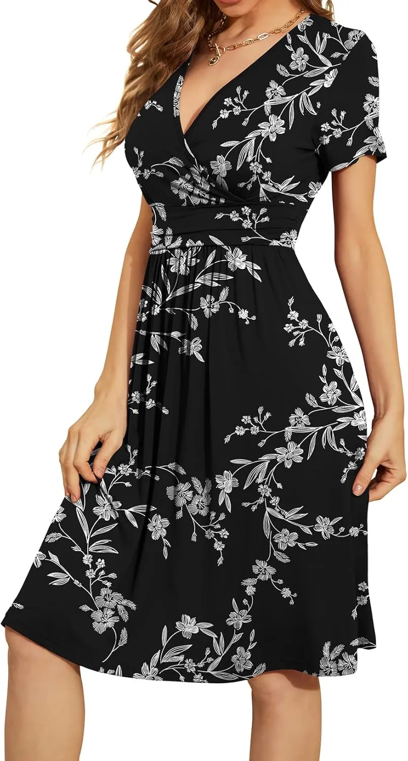 WEACZZY Women's Summer Short Sleeve Casual Dresses V-Neck Floral Party Dress with Pockets