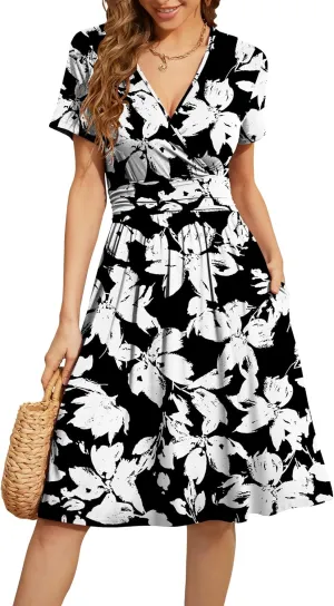 WEACZZY Women's Summer Short Sleeve Casual Dresses V-Neck Floral Party Dress with Pockets