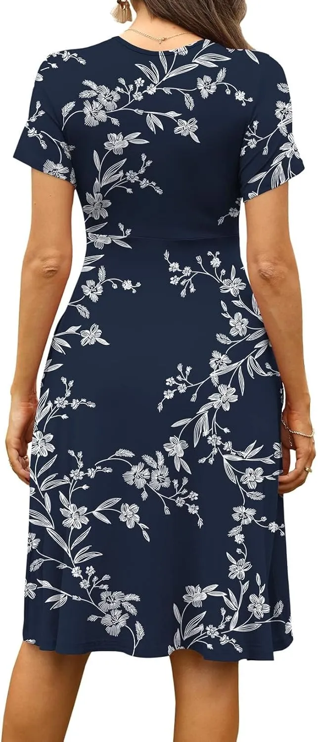 WEACZZY Women's Summer Short Sleeve Casual Dresses V-Neck Floral Party Dress with Pockets