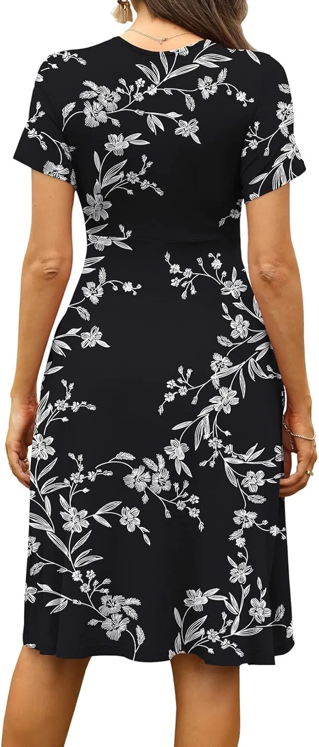 WEACZZY Women's Summer Short Sleeve Casual Dresses V-Neck Floral Party Dress with Pockets