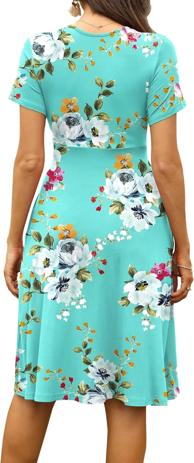 WEACZZY Women's Summer Short Sleeve Casual Dresses V-Neck Floral Party Dress with Pockets