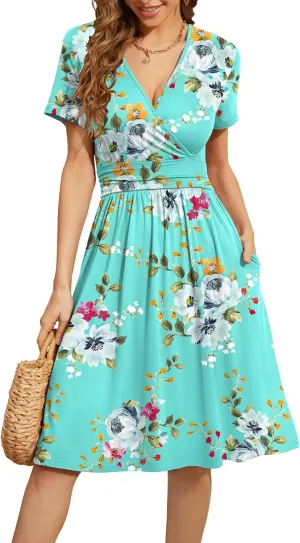 WEACZZY Women's Summer Short Sleeve Casual Dresses V-Neck Floral Party Dress with Pockets