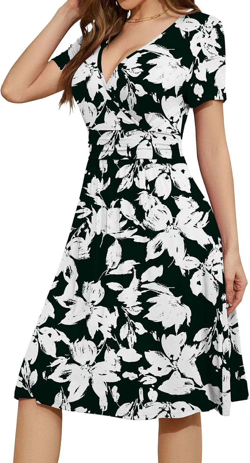 WEACZZY Women's Summer Short Sleeve Casual Dresses V-Neck Floral Party Dress with Pockets