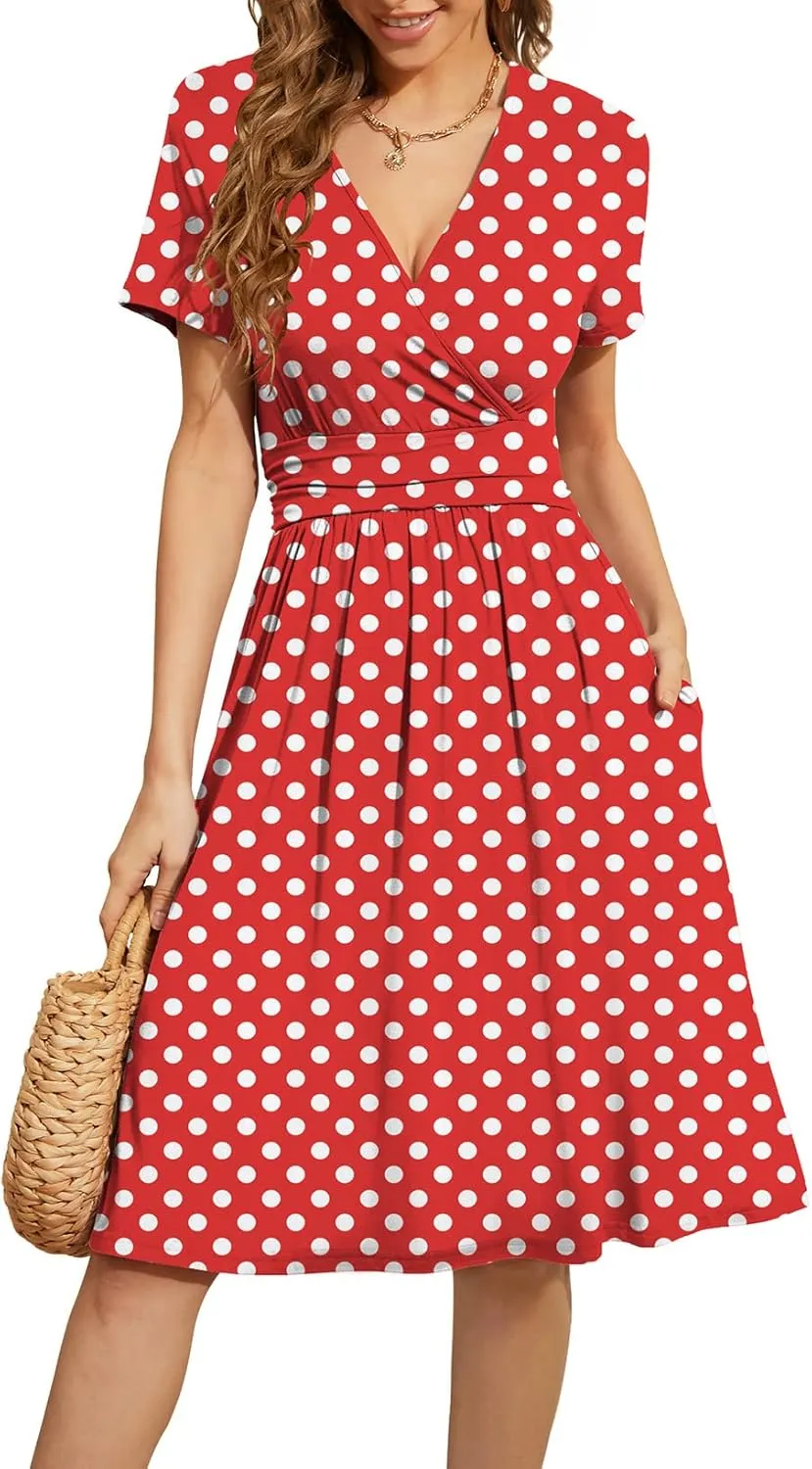 WEACZZY Women's Summer Short Sleeve Casual Dresses V-Neck Floral Party Dress with Pockets