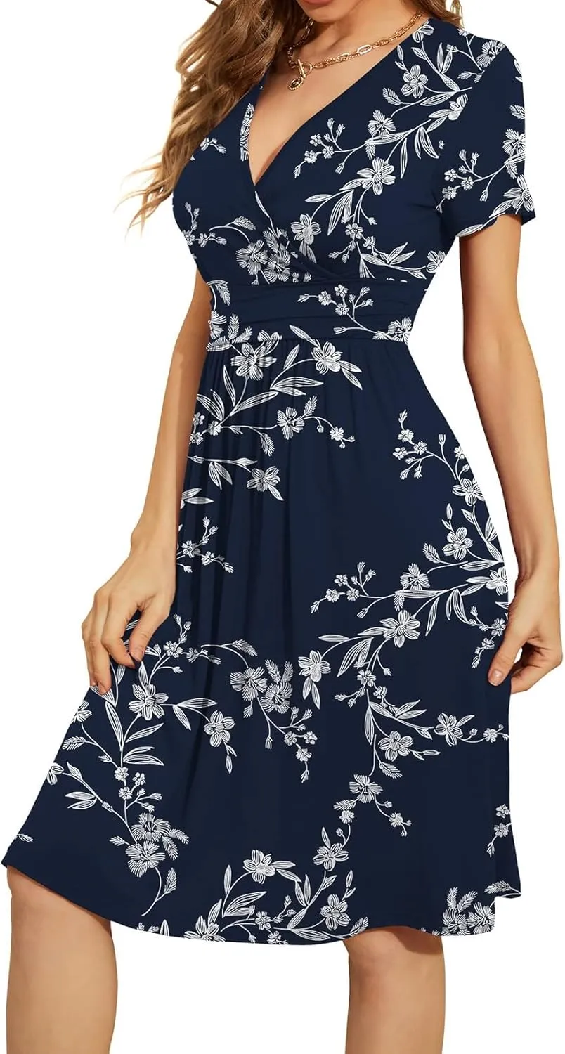 WEACZZY Women's Summer Short Sleeve Casual Dresses V-Neck Floral Party Dress with Pockets