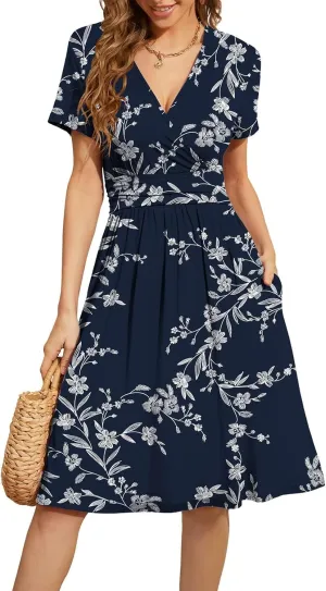 WEACZZY Women's Summer Short Sleeve Casual Dresses V-Neck Floral Party Dress with Pockets