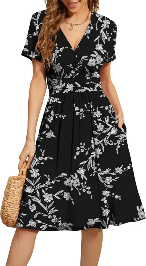WEACZZY Women's Summer Short Sleeve Casual Dresses V-Neck Floral Party Dress with Pockets