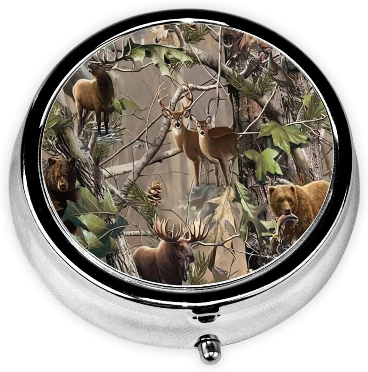 Wildlife Hunting Deer Bear Elk Pill Box Round Pill Case for Pocket Purse 3 Compartment Medicine Pill Organizer Cute Portable Travel Pillbox Vitamin Cod Liver Oil Storage Box Unique Gift Organizer