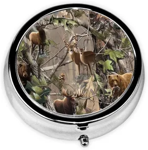 Wildlife Hunting Deer Bear Elk Pill Box Round Pill Case for Pocket Purse 3 Compartment Medicine Pill Organizer Cute Portable Travel Pillbox Vitamin Cod Liver Oil Storage Box Unique Gift Organizer