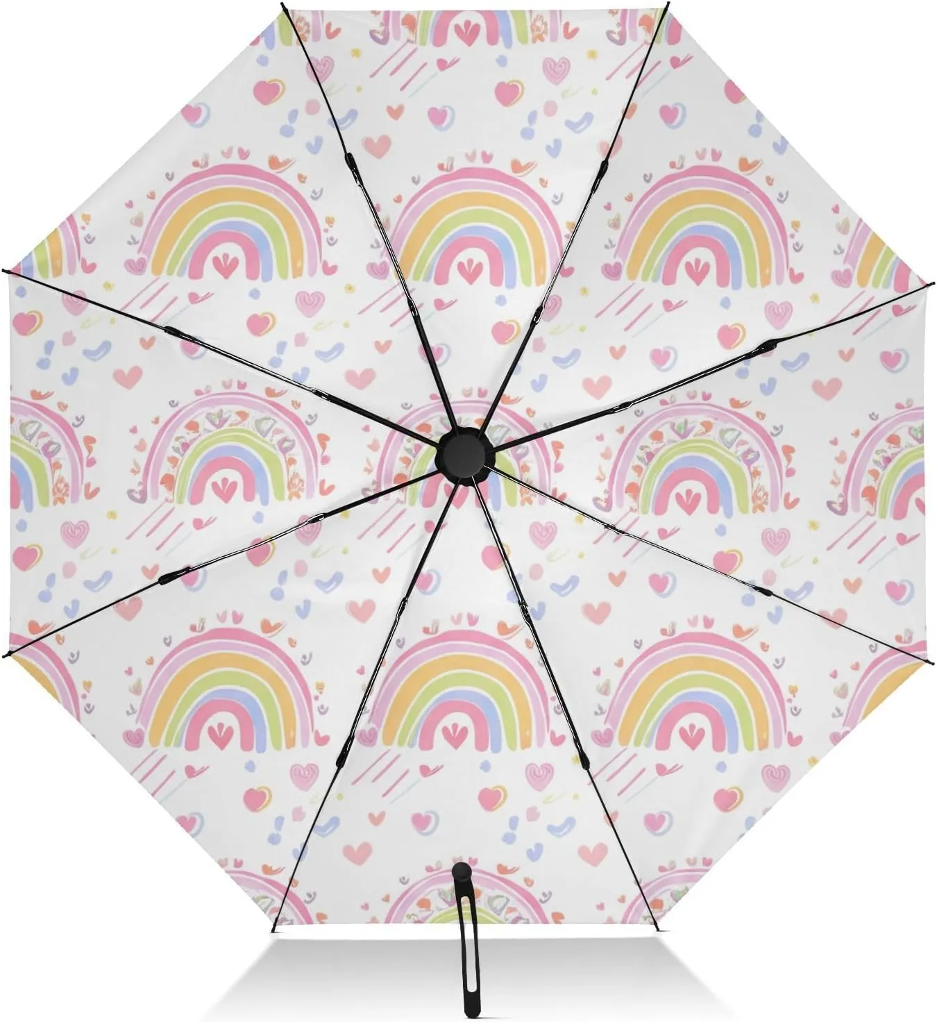 Windproof Travel Umbrella, Auto Open Close, Compact Umbrella Travel, Backpack Purse Portable, Ideal for Women, Cute Cartoon Rainbows Pastel