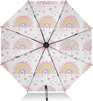 Windproof Travel Umbrella, Auto Open Close, Compact Umbrella Travel, Backpack Purse Portable, Ideal for Women, Cute Cartoon Rainbows Pastel