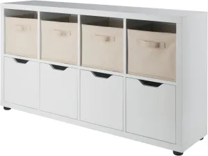 Winsome Julian 2x4 Storage Cabinet Set, for Living Room, Home Office, White, with 4 Beige Baskets