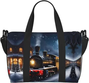 Winter Christmas Snow Night Railway Train Print Tote Crossbody Travel Bag with Zip Casual Handbag for Weekend Trips and Gym Shopping, Black, One Size, Travel Tote
