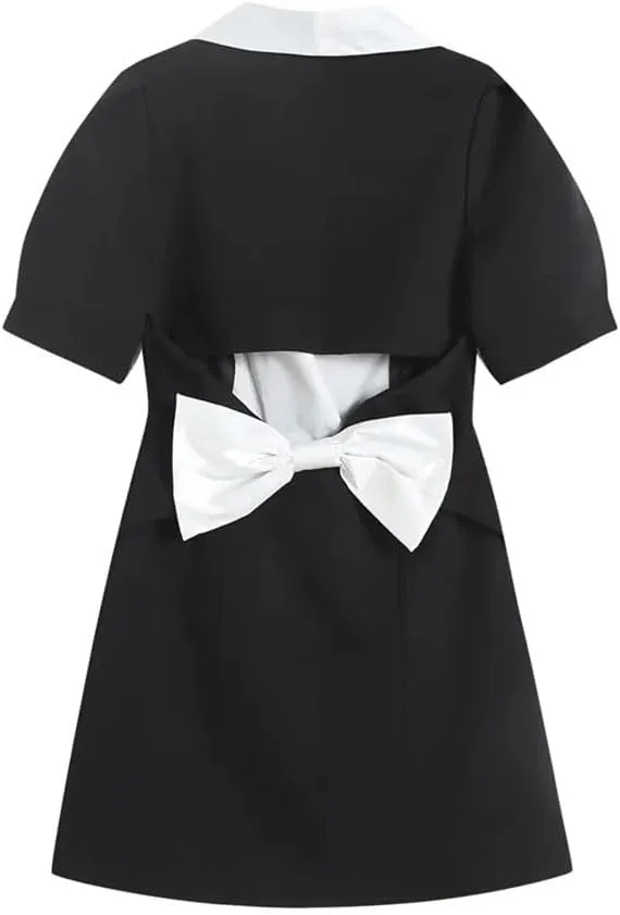 Women Backless Hollow Bowmini Dress Short Sleeve V-Neck Casual A-Line Dress