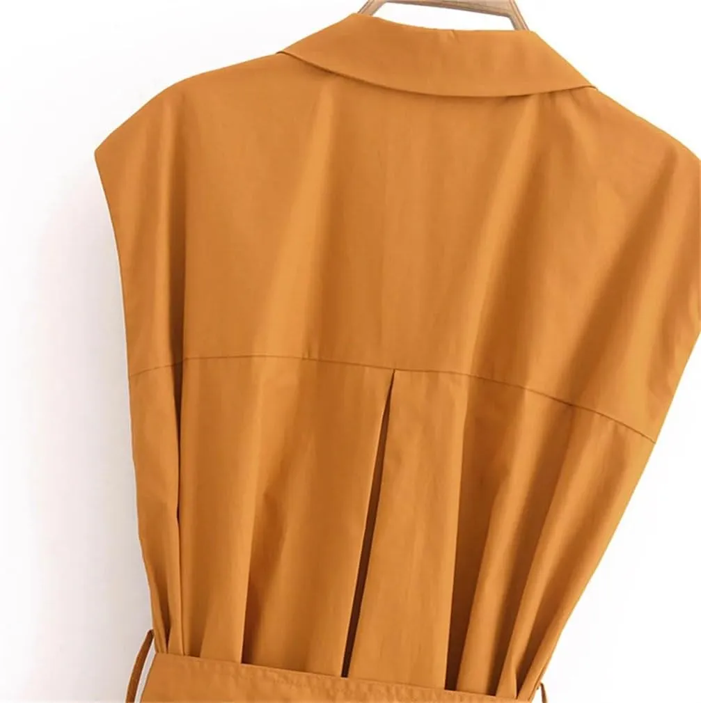Women Casual Shirt with Belt Dress Single Breasted Lapel Sleeveless A-Line Dresses