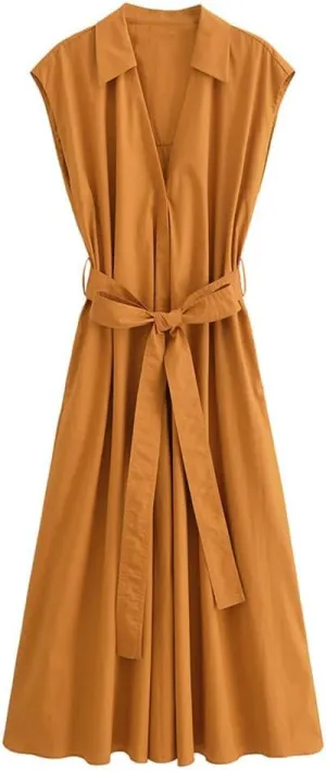 Women Casual Shirt with Belt Dress Single Breasted Lapel Sleeveless A-Line Dresses