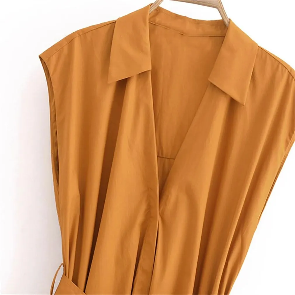 Women Casual Shirt with Belt Dress Single Breasted Lapel Sleeveless A-Line Dresses