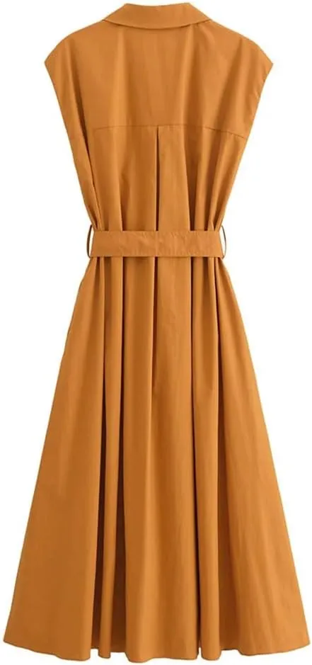 Women Casual Shirt with Belt Dress Single Breasted Lapel Sleeveless A-Line Dresses