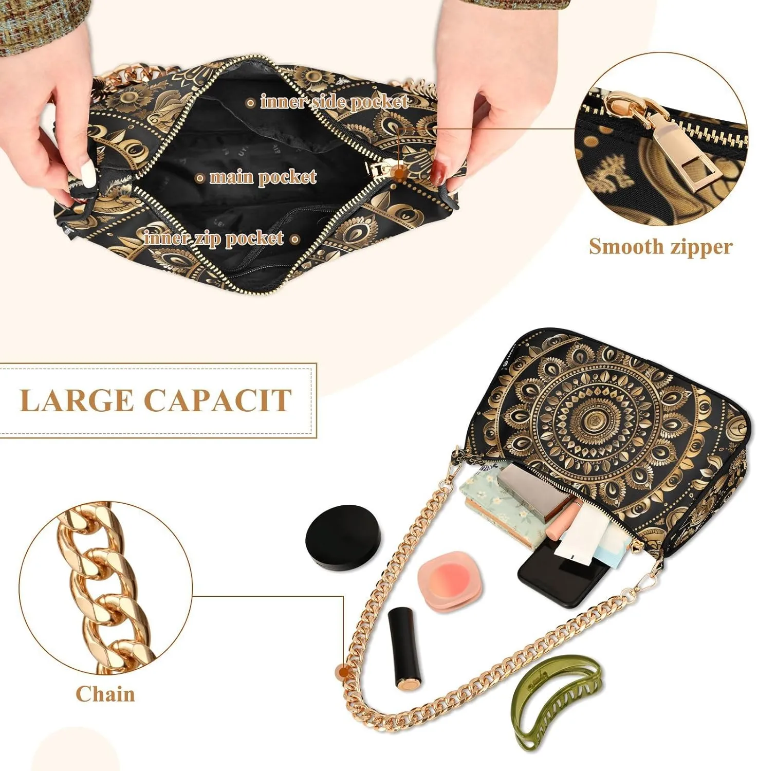 Women Chain Shoulder Purse Bag With Zipper Hobo Tote Clutch Handbags with Gold Chain Strap