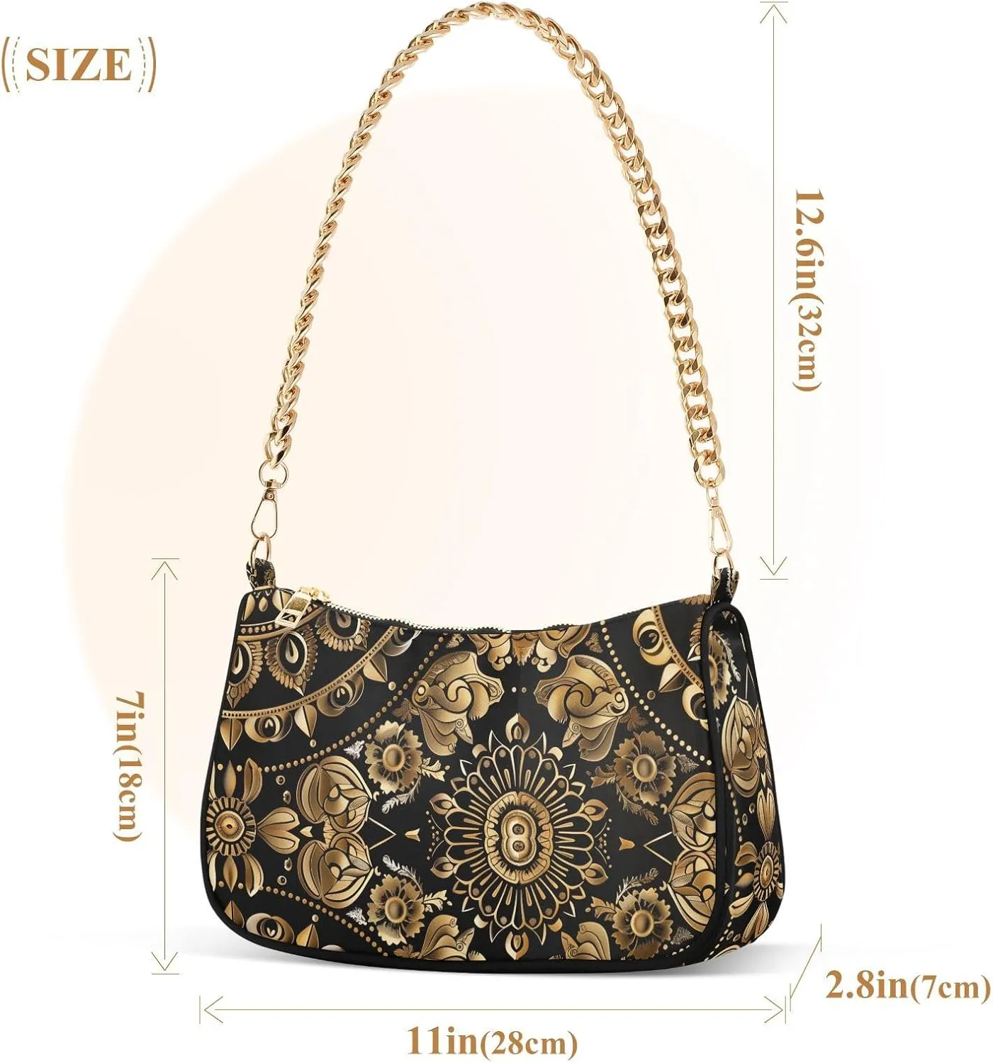 Women Chain Shoulder Purse Bag With Zipper Hobo Tote Clutch Handbags with Gold Chain Strap