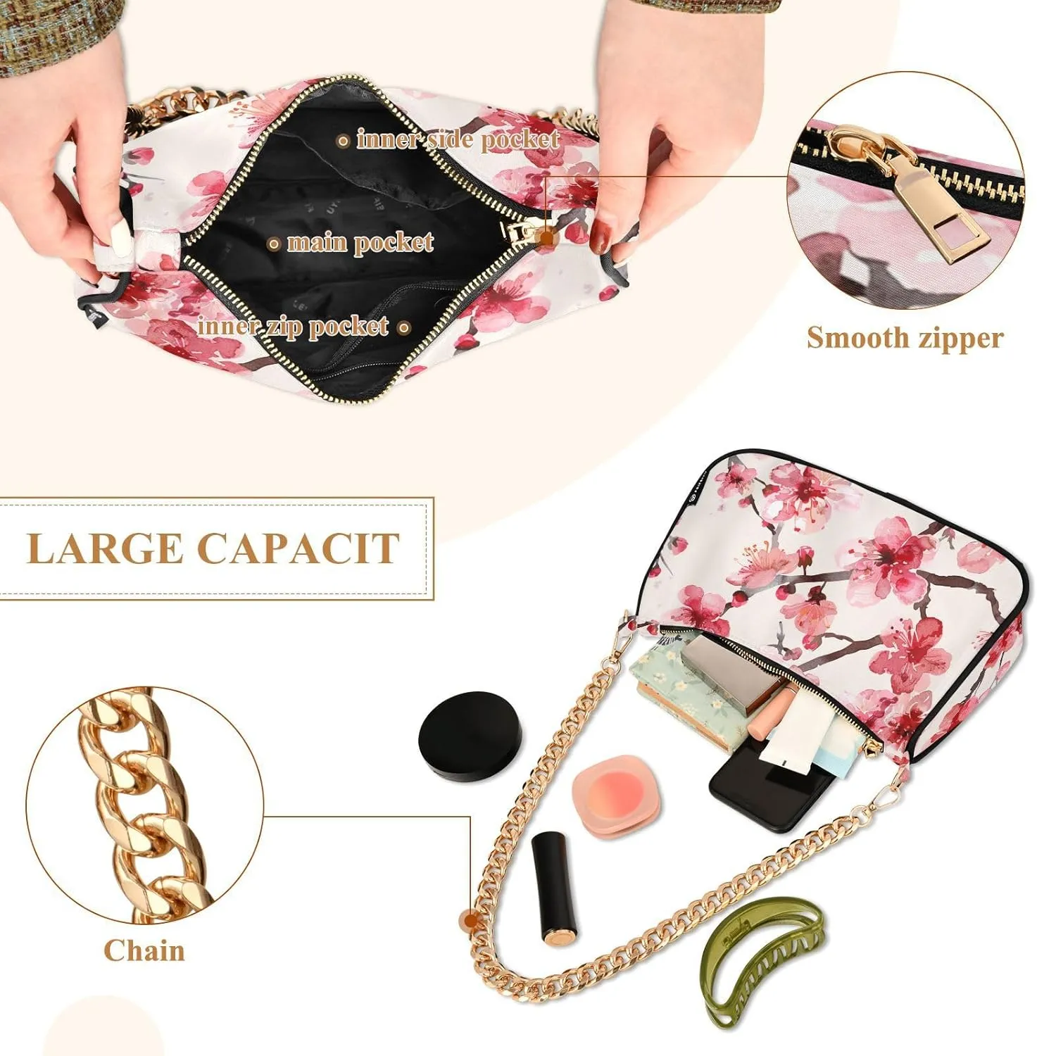 Women Chain Shoulder Purse Bag with Zipper Pocket Mini Small Hobo Tote Clutch Handbags with Gold Chain Strap