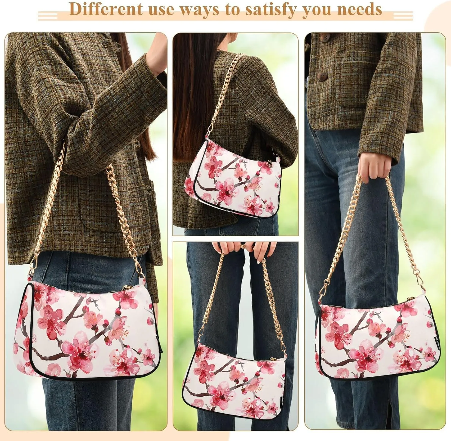 Women Chain Shoulder Purse Bag with Zipper Pocket Mini Small Hobo Tote Clutch Handbags with Gold Chain Strap