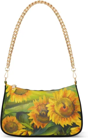 Women Chain Shoulder Purse Bag With Zipper Sunflowers Sunset Fresh Sunflower Sunflowers Village Print, Blooming Flower Purple Oil Painting Mountain Hobo Tote Clutch Handbags with Chain Strap