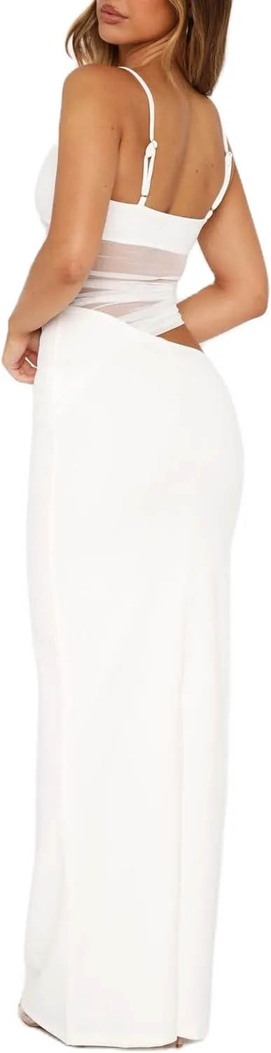 Women Cutout Bodycon Maxi Dress Summer Clothes Sexy Mesh See Through V Neck Spaghetti Strap Long Dresses Streetwear