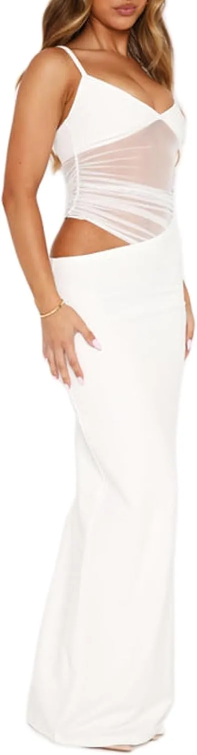 Women Cutout Bodycon Maxi Dress Summer Clothes Sexy Mesh See Through V Neck Spaghetti Strap Long Dresses Streetwear