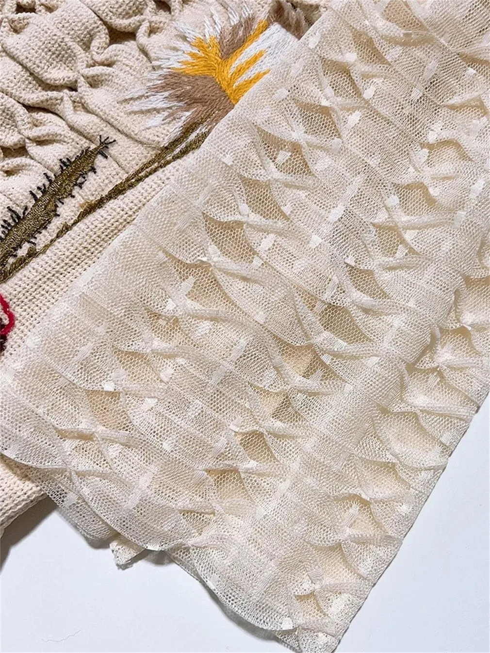 Women Embroidery Beaded Mini Dress Crew Neck Printed Short Sleeve High Waist Casual A-Line Dresses