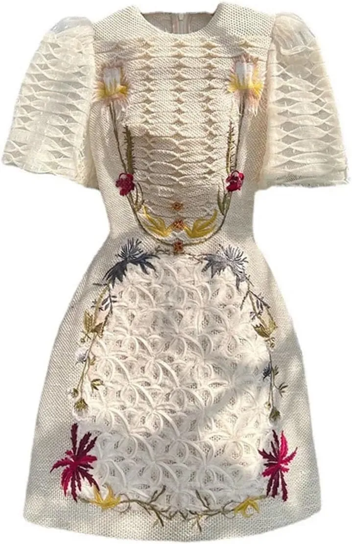 Women Embroidery Beaded Mini Dress Crew Neck Printed Short Sleeve High Waist Casual A-Line Dresses