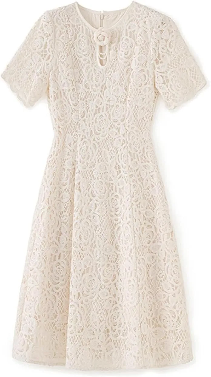 Women Embroidery Hollow Appliques Midi Dress Crew Neck Short Sleeves Office Lady A-Line Dresses